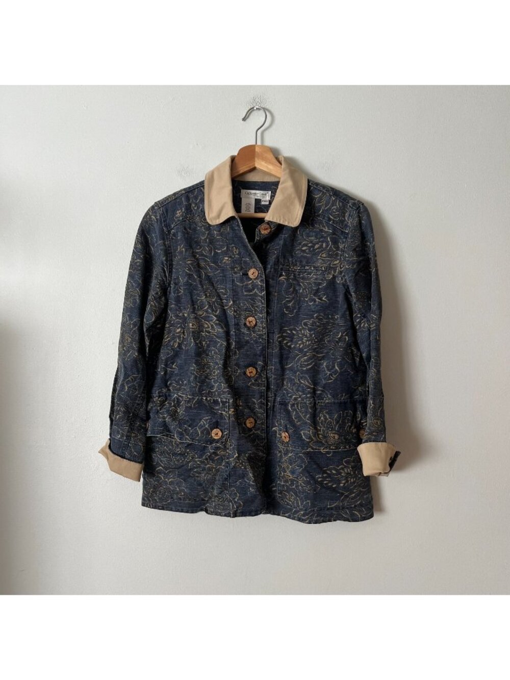 VTG 90s Coldwater Creek Blue Floral Linen Blend Barn Coat Women's Size XS Petite
